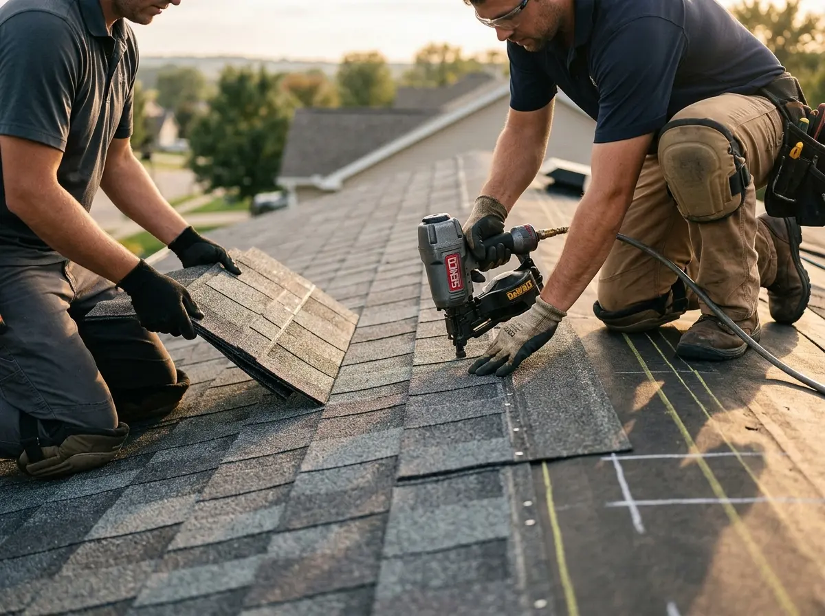 Professional roofer working on a residential roof in Kingsville